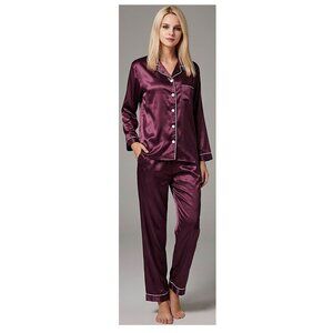 (3 for $30) AMAZON, Deep red wine satin silk pyjamas set